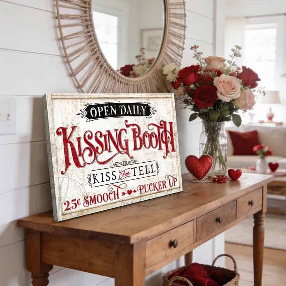 Bold, flirty, and unapologetically charming—Toe Fish Art's Kissing Booth "Kiss & Tell" sign dares to celebrate love with vintage flair. Make an entryway or bedroom statement with a piece that commands attention, whether you choose the classic canvas or the outdoor metal option. Toe Fish Art creates quality, artisan-made wall décor with American sourced materials. Proudly Made in the USA, each sign is expertly constructed with genuine craftsmanship, heritage quality, and rustic charm.