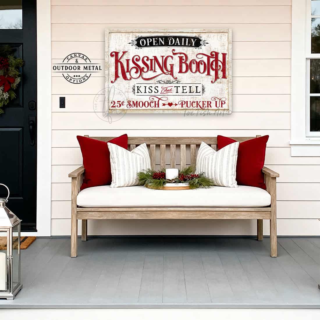 Bold, flirty, and unapologetically charming—Toe Fish Art's Kissing Booth "Kiss & Tell" sign dares to celebrate love with vintage flair. Make an entryway or bedroom statement with a piece that commands attention, whether you choose the classic canvas or the outdoor metal option. Toe Fish Art creates quality, artisan-made wall décor with American sourced materials. Proudly Made in the USA, each sign is expertly constructed with genuine craftsmanship, heritage quality, and rustic charm.