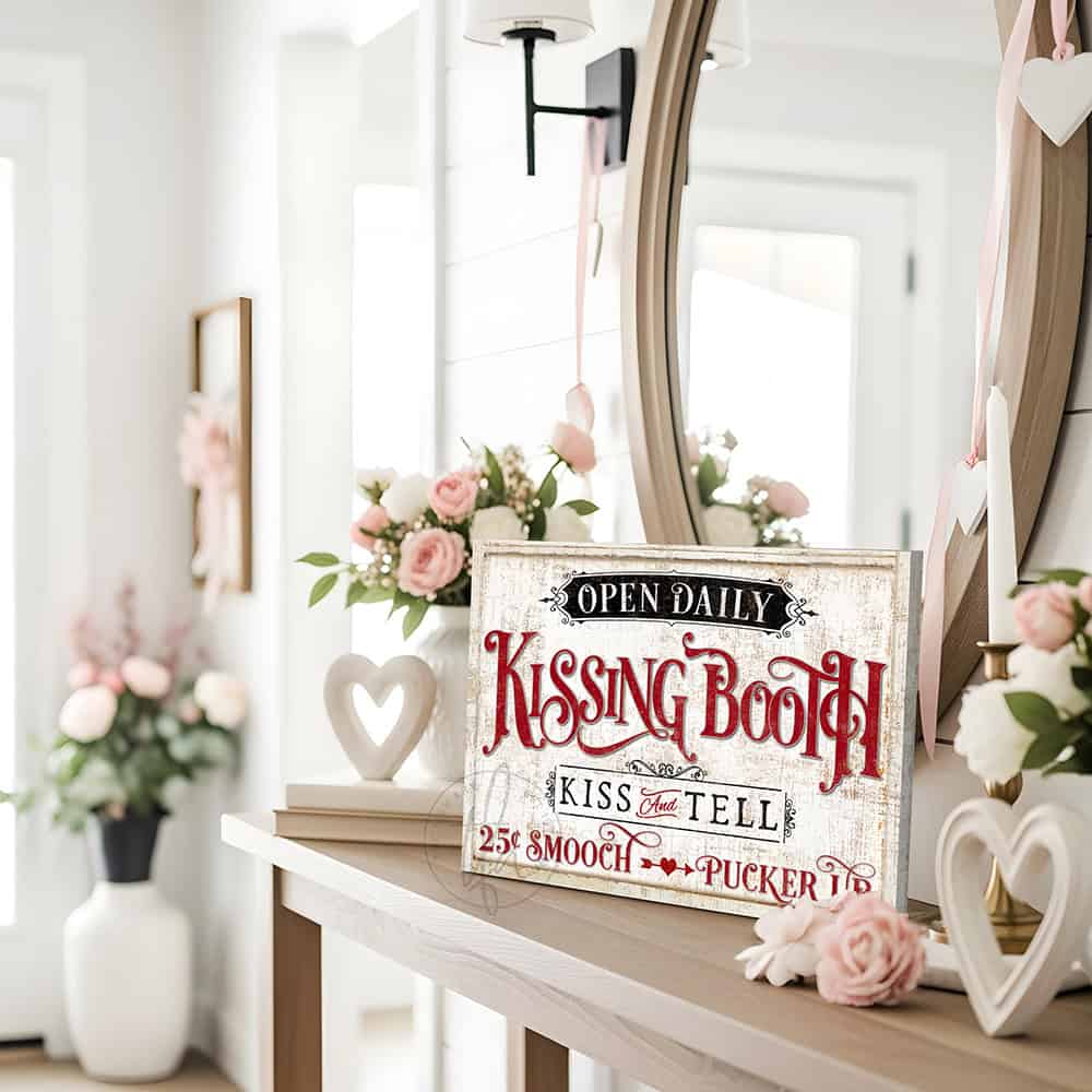 Bold, flirty, and unapologetically charming—Toe Fish Art's Kissing Booth "Kiss & Tell" sign dares to celebrate love with vintage flair. Make an entryway or bedroom statement with a piece that commands attention, whether you choose the classic canvas or the outdoor metal option. Toe Fish Art creates quality, artisan-made wall décor with American sourced materials. Proudly Made in the USA, each sign is expertly constructed with genuine craftsmanship, heritage quality, and rustic charm.