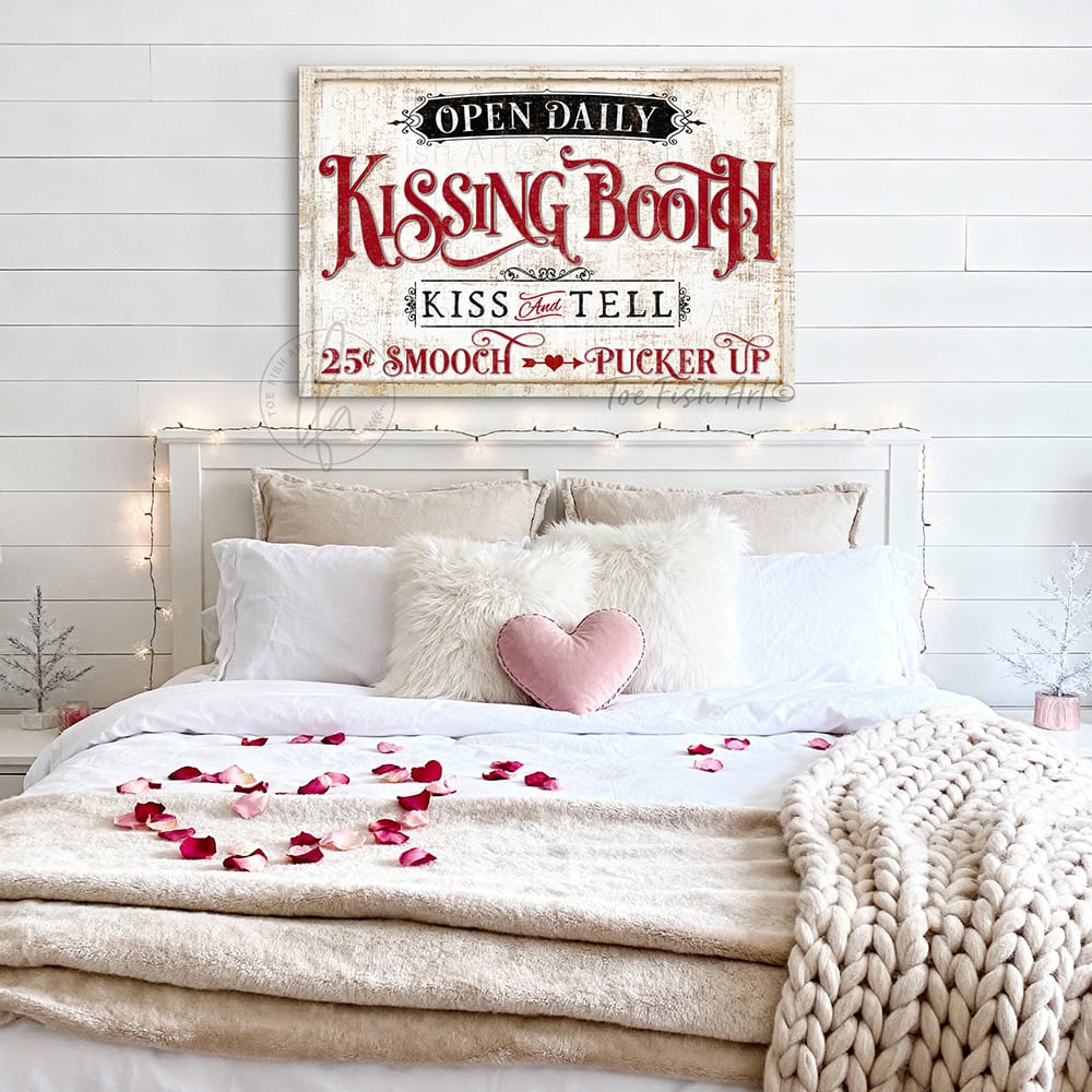 Bold, flirty, and unapologetically charming—Toe Fish Art's Kissing Booth "Kiss & Tell" sign dares to celebrate love with vintage flair. Make an entryway or bedroom statement with a piece that commands attention, whether you choose the classic canvas or the outdoor metal option. Toe Fish Art creates quality, artisan-made wall décor with American sourced materials. Proudly Made in the USA, each sign is expertly constructed with genuine craftsmanship, heritage quality, and rustic charm.