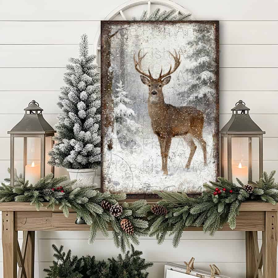 Majestic Whitetail Buck Deer Snowy Winter Forest Wall Art | Vintage Fa ...