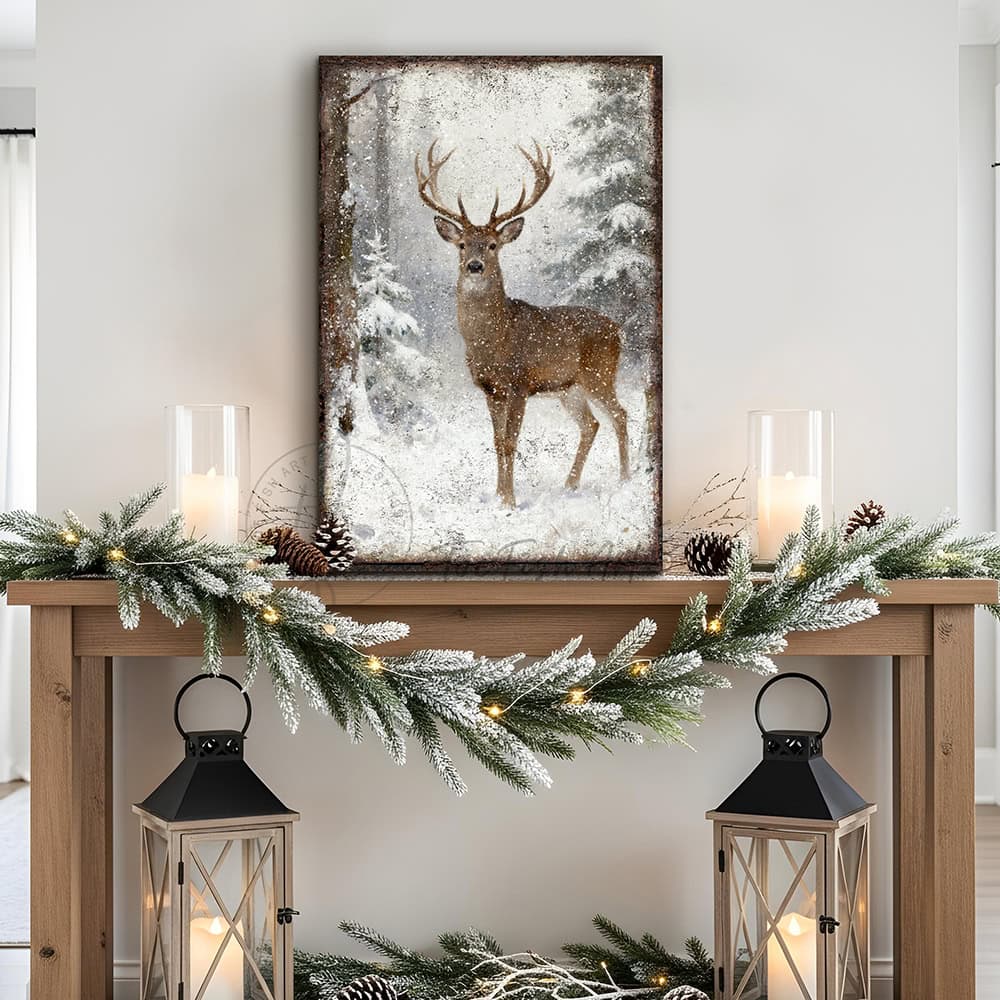 Transform your space into a sanctuary of natural beauty with this stunning whitetail buck wall art, handmade in the USA by Toe Fish Art in framed canvas or outdoor metal. The serene snowy forest setting creates a sense of calm sophistication, while the deer's powerful presence anchors any room. Toe Fish Art creates artisan-made wall décor with American sourced materials. Proudly Made in the USA, each sign is expertly constructed with genuine craftsmanship, heritage quality, and rustic charm.