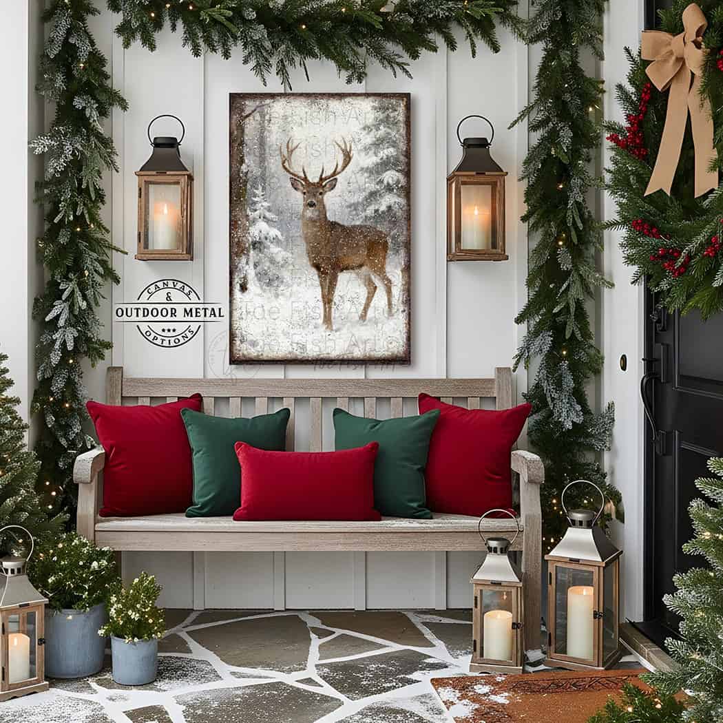 Transform your space into a sanctuary of natural beauty with this stunning whitetail buck wall art, handmade in the USA by Toe Fish Art in framed canvas or outdoor metal. The serene snowy forest setting creates a sense of calm sophistication, while the deer's powerful presence anchors any room. Toe Fish Art creates artisan-made wall décor with American sourced materials. Proudly Made in the USA, each sign is expertly constructed with genuine craftsmanship, heritage quality, and rustic charm.