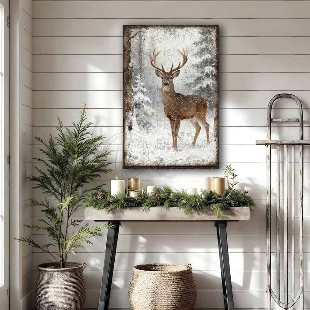 Transform your space into a sanctuary of natural beauty with this stunning whitetail buck wall art, handmade in the USA by Toe Fish Art in framed canvas or outdoor metal. The serene snowy forest setting creates a sense of calm sophistication, while the deer's powerful presence anchors any room. Toe Fish Art creates artisan-made wall décor with American sourced materials. Proudly Made in the USA, each sign is expertly constructed with genuine craftsmanship, heritage quality, and rustic charm.