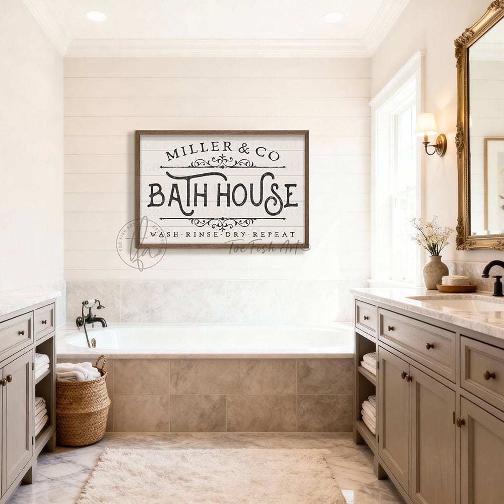 Create your spa sanctuary with this handcrafted personalized family name bath house sign. Featuring authentic shiplap wood construction and a rich walnut frame from sustainably sourced Midwest hardwoods, this custom piece makes the perfect Mother's Day gift or inspiration for your bathroom remodel! Toe Fish Art creates quality, artisan-made wall décor with American sourced materials. Proudly Made in the USA, each sign is expertly constructed with genuine craftsmanship, heritage quality, and rustic charm.