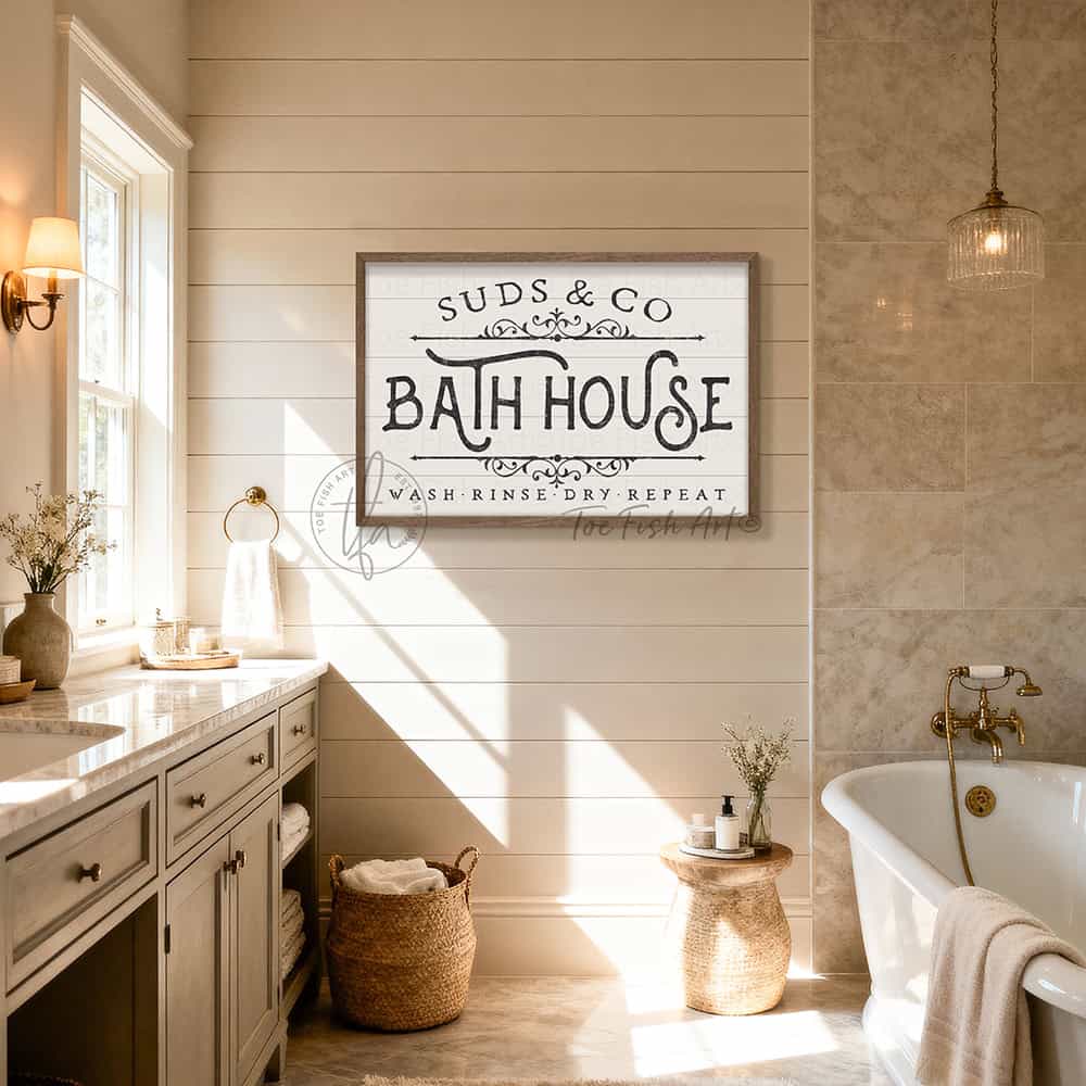 Create your spa sanctuary with this handcrafted personalized family name bath house sign. Featuring authentic shiplap wood construction and a rich walnut frame from sustainably sourced Midwest hardwoods, this custom piece makes the perfect Mother's Day gift or inspiration for your bathroom remodel! Toe Fish Art creates quality, artisan-made wall décor with American sourced materials. Proudly Made in the USA, each sign is expertly constructed with genuine craftsmanship, heritage quality, and rustic charm.