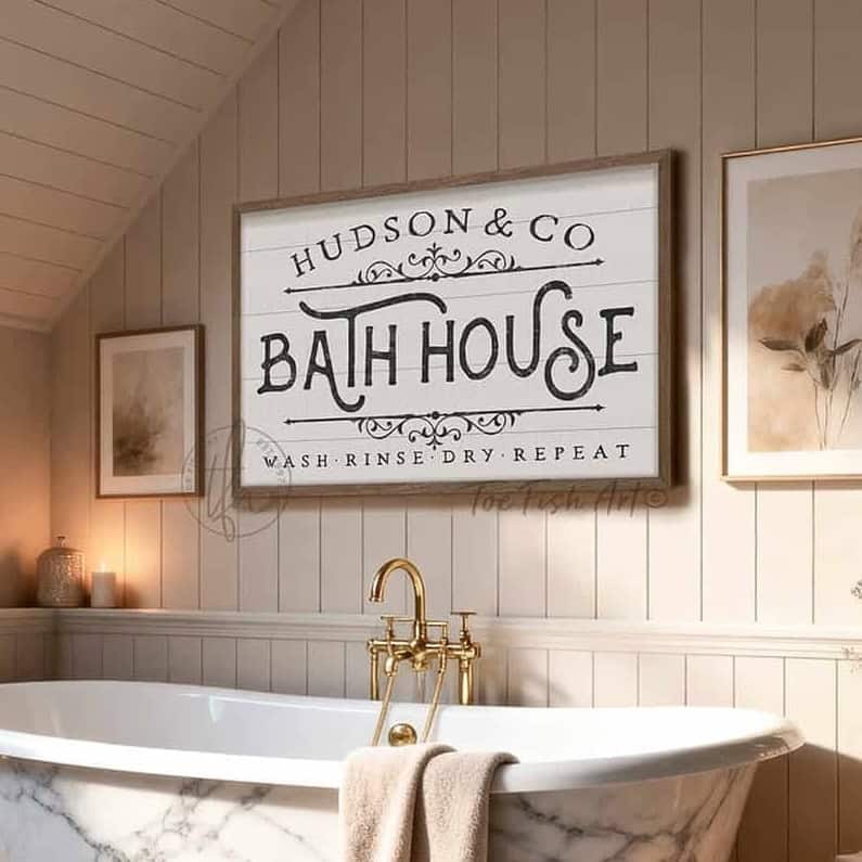 Create your spa sanctuary with this handcrafted personalized family name bath house sign. Featuring authentic shiplap wood construction and a rich walnut frame from sustainably sourced Midwest hardwoods, this custom piece makes the perfect Mother's Day gift or inspiration for your bathroom remodel! Toe Fish Art creates quality, artisan-made wall décor with American sourced materials. Proudly Made in the USA, each sign is expertly constructed with genuine craftsmanship, heritage quality, and rustic charm.
