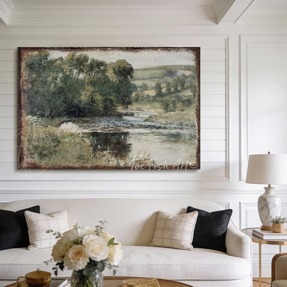 This landscape artwork by Toe Fish Art captures rural tranquility with a spring river meadow scene steeped in cottagecore tradition. The imagery balances nostalgic charm with sophisticated elegance. Available in framed canvas or weather-resistant outdoor metal in numerous sizes to fit your space. Toe Fish Art creates artisan-made wall décor using American sourced materials. Proudly Made in the USA, each sign is expertly constructed with genuine craftsmanship, heritage quality, and rustic charm.
