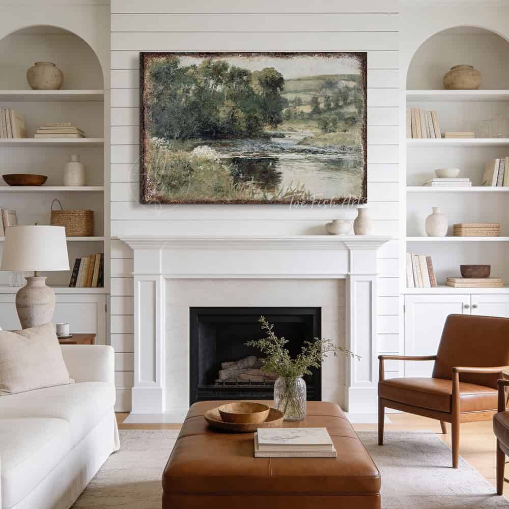 This landscape artwork by Toe Fish Art captures rural tranquility with a spring river meadow scene steeped in cottagecore tradition. The imagery balances nostalgic charm with sophisticated elegance. Available in framed canvas or weather-resistant outdoor metal in numerous sizes to fit your space. Toe Fish Art creates artisan-made wall décor using American sourced materials. Proudly Made in the USA, each sign is expertly constructed with genuine craftsmanship, heritage quality, and rustic charm.