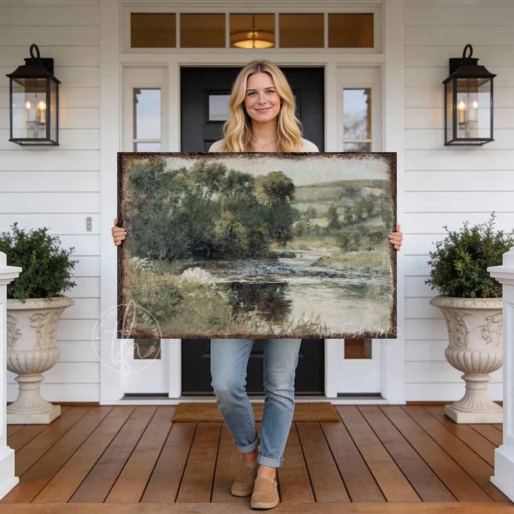 This landscape artwork by Toe Fish Art captures rural tranquility with a spring river meadow scene steeped in cottagecore tradition. The imagery balances nostalgic charm with sophisticated elegance. Available in framed canvas or weather-resistant outdoor metal in numerous sizes to fit your space. Toe Fish Art creates artisan-made wall décor using American sourced materials. Proudly Made in the USA, each sign is expertly constructed with genuine craftsmanship, heritage quality, and rustic charm.
