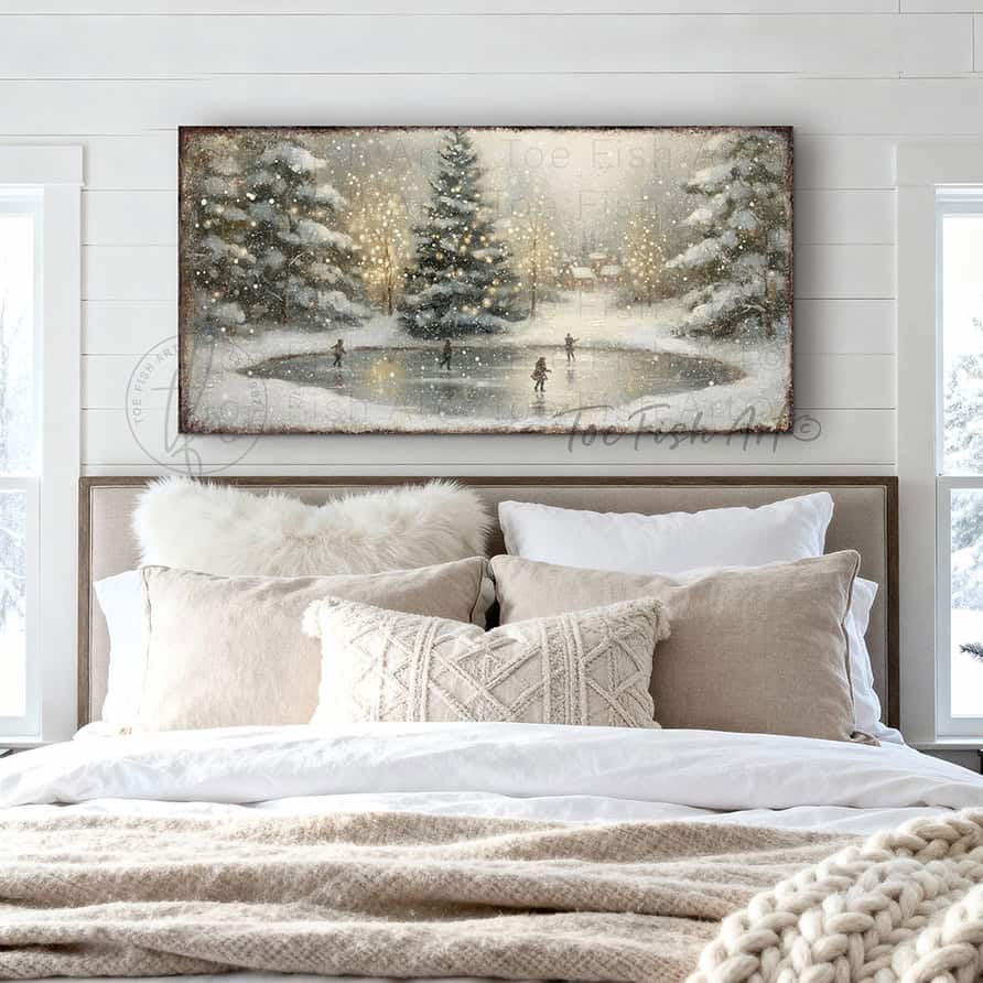 Transform your space into a winter wonderland with this enchanting vintage ice skating pond scene, complete with snowy lighted Christmas trees that evoke timeless holiday magic. Available in rich canvas or durable outdoor metal to showcase your festive spirit on porches and decks. Toe Fish Art creates quality, artisan-made wall décor with American sourced materials. Proudly Made in the USA, each sign is expertly constructed with genuine craftsmanship, heritage quality, and rustic charm.