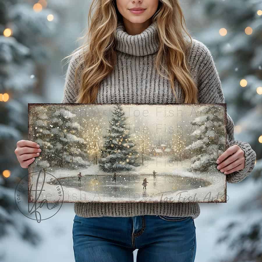 Transform your space into a winter wonderland with this enchanting vintage ice skating pond scene, complete with snowy lighted Christmas trees that evoke timeless holiday magic. Available in rich canvas or durable outdoor metal to showcase your festive spirit on porches and decks. Toe Fish Art creates quality, artisan-made wall décor with American sourced materials. Proudly Made in the USA, each sign is expertly constructed with genuine craftsmanship, heritage quality, and rustic charm.