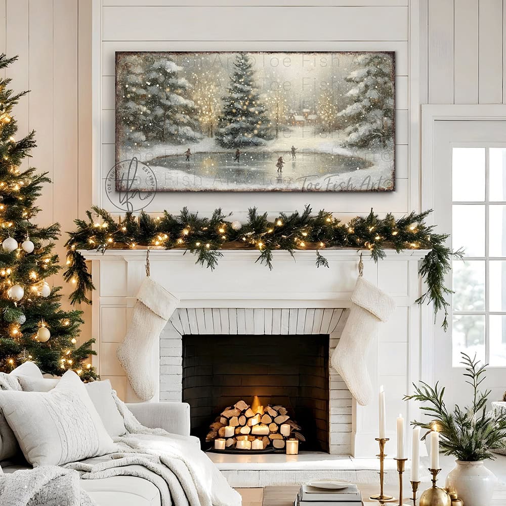Transform your space into a winter wonderland with this enchanting vintage ice skating pond scene, complete with snowy lighted Christmas trees that evoke timeless holiday magic. Available in rich canvas or durable outdoor metal to showcase your festive spirit on porches and decks. Toe Fish Art creates quality, artisan-made wall décor with American sourced materials. Proudly Made in the USA, each sign is expertly constructed with genuine craftsmanship, heritage quality, and rustic charm.