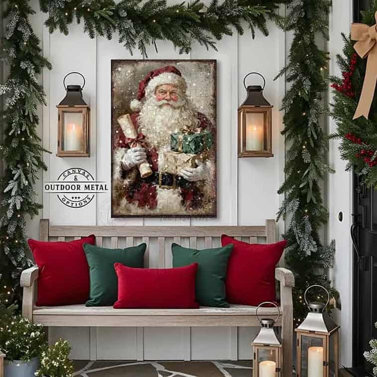 Step into Christmas past with this charming vintage Santa Claus wall art. Featuring a jolly St. Nick clutching his famous naughty-and-nice scroll and an armful of wrapped presents, this piece radiates nostalgic holiday spirit in rich, weathered tones. Select framed canvas for a cozy indoor focal point in entryways, living rooms, or above the mantel—or choose outdoor metal for a weather-tough farmhouse statement on your porch or patio. Either format brings authentic, timeless holiday cheer year after year.