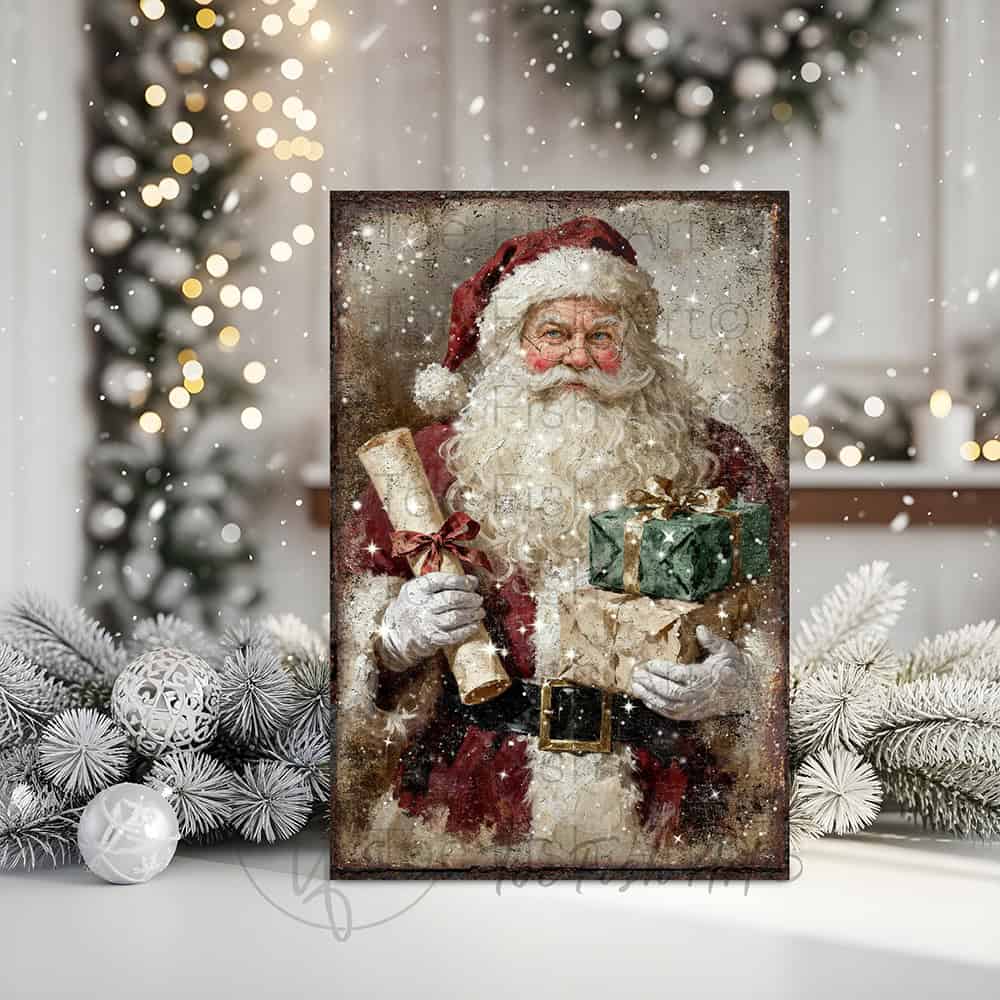 Step into Christmas past with this charming vintage Santa Claus wall art. Featuring a jolly St. Nick clutching his famous naughty-and-nice scroll and an armful of wrapped presents, this piece radiates nostalgic holiday spirit in rich, weathered tones. Select framed canvas for a cozy indoor focal point in entryways, living rooms, or above the mantel—or choose outdoor metal for a weather-tough farmhouse statement on your porch or patio. Either format brings authentic, timeless holiday cheer year after year.