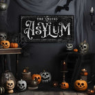 Asylum Outdoor Metal or Canvas Personalize-able Halloween Decor with wording options handmade and built to last a lifetime by ToeFishArt. Original, custom, personalized wall decor signs. Canvas, Wood or Metal. Rustic modern farmhouse, cottagecore, vintage, retro, industrial, Americana, primitive, country, coastal, minimalist.