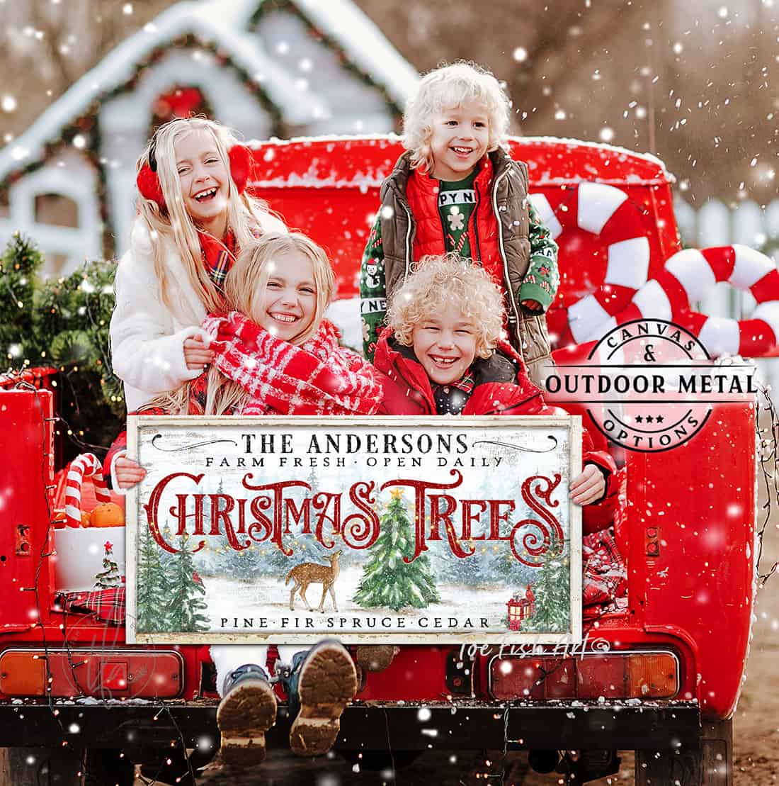 Christmas Trees Canvas or Outdoor Metal Personalize-able Sign Vintage Style Holiday Decoration for exterior Christmas season decoration holiday curb appeal nostalgic winter seasonal artwork wall decor handmade in the USA by the Toe Fish Art family artists. Original, custom, personalized wall decor signs. Canvas, Wood or Metal. Rustic modern farmhouse, cottagecore, vintage, retro, industrial, Americana, primitive, country, coastal, minimalist.