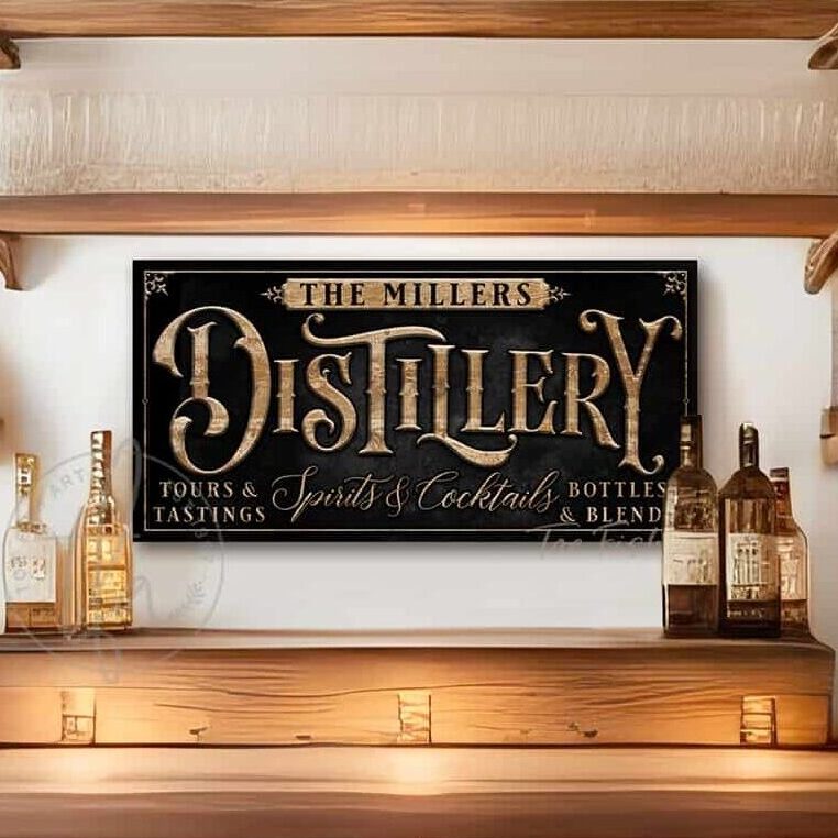 Distillery Personalize-able Canvas or Metal Rustic-Industrial Sign, Custom Color Options, wall hanging canvas or outdoor exterior metal great for outdoor living spaces Bar wall decor handmade in the USA by the Toe Fish Art family artists. Original, custom, personalized wall decor signs. Canvas, Wood or Metal. Rustic modern farmhouse, cottagecore, vintage, retro, industrial, Americana, primitive, country, coastal, minimalist.