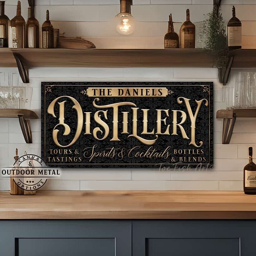 Distillery Personalize-able Canvas or Metal Rustic-Industrial Sign, Custom Color Options, wall hanging canvas or outdoor exterior metal great for outdoor living spaces Bar wall decor handmade in the USA by the Toe Fish Art family artists. Original, custom, personalized wall decor signs. Canvas, Wood or Metal. Rustic modern farmhouse, cottagecore, vintage, retro, industrial, Americana, primitive, country, coastal, minimalist.