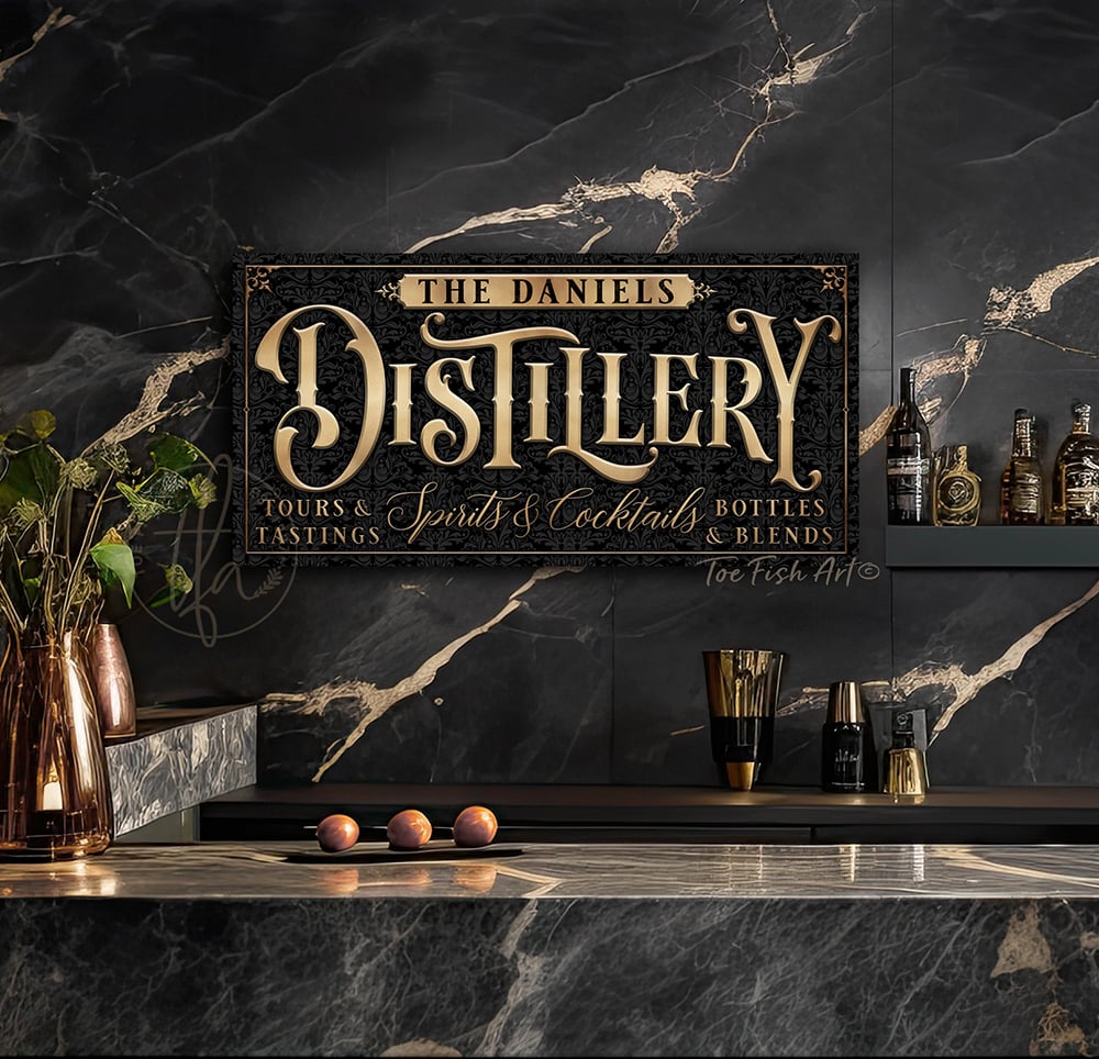 Distillery Personalize-able Canvas or Metal Rustic-Industrial Sign, Custom Color Options, wall hanging canvas or outdoor exterior metal great for outdoor living spaces Bar wall decor handmade in the USA by the Toe Fish Art family artists. Original, custom, personalized wall decor signs. Canvas, Wood or Metal. Rustic modern farmhouse, cottagecore, vintage, retro, industrial, Americana, primitive, country, coastal, minimalist.