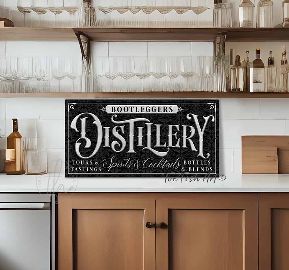 Distillery Personalize-able Canvas or Metal Rustic-Industrial Sign, Custom Color Options, wall hanging canvas or outdoor exterior metal great for outdoor living spaces Bar wall decor handmade in the USA by the Toe Fish Art family artists. Original, custom, personalized wall decor signs. Canvas, Wood or Metal. Rustic modern farmhouse, cottagecore, vintage, retro, industrial, Americana, primitive, country, coastal, minimalist.