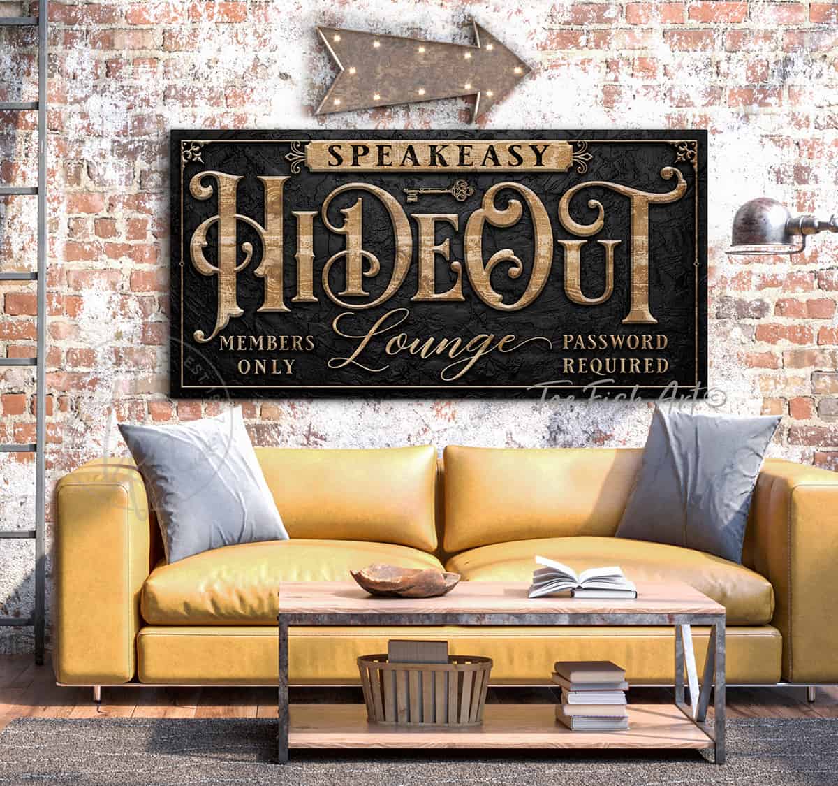 Hideout Lounge Sign handmade by ToeFishArt. Original, custom, personalized wall decor signs. Canvas, Wood or Metal. Rustic modern farmhouse, cottagecore, vintage, retro, industrial, Americana, primitive, country, coastal, minimalist.