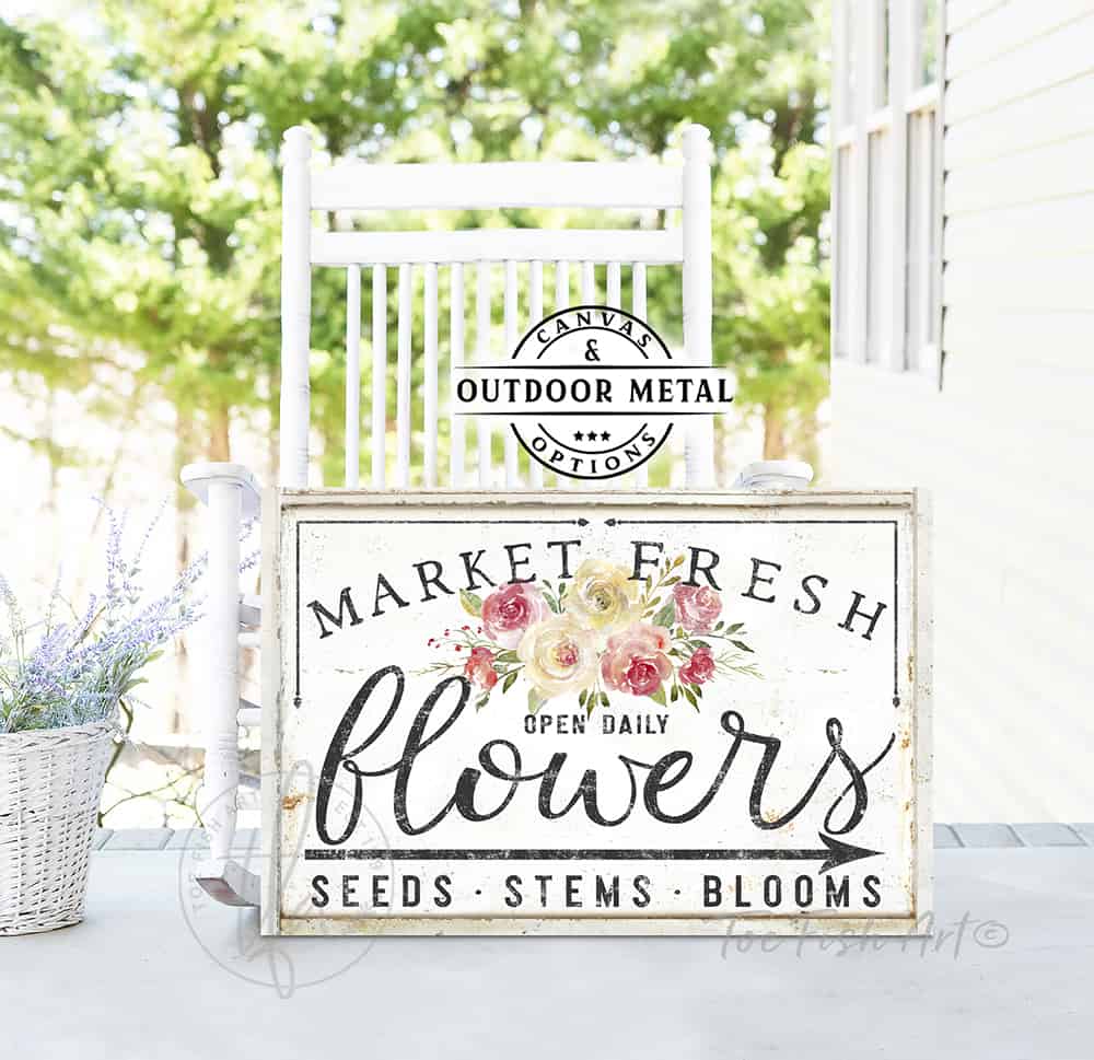 Market Fresh Flowers Personalize-able Canvas or Outdoor Exterior Commercial-Grade Metal Sign handmade in the USA and built to last a lifetime by ToeFishArt. Add your family name to this beautiful vibrant colorful roses bouquet artwork for unique eye-catching curb appeal. Original, custom, personalized wall decor signs. Canvas, Wood or Metal. Rustic modern farmhouse, cottagecore, vintage, retro, industrial, Americana, primitive, country, coastal, minimalist.