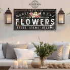 Market Fresh Flowers Personalize-able Canvas or Outdoor Exterior Commercial-Grade Metal Sign handmade in the USA and built to last a lifetime by ToeFishArt. Add your family name to this beautiful vibrant colorful roses bouquet artwork for unique eye-catching curb appeal. Original, custom, personalized wall decor signs. Canvas, Wood or Metal. Rustic modern farmhouse, cottagecore, vintage, retro, industrial, Americana, primitive, country, coastal, minimalist.