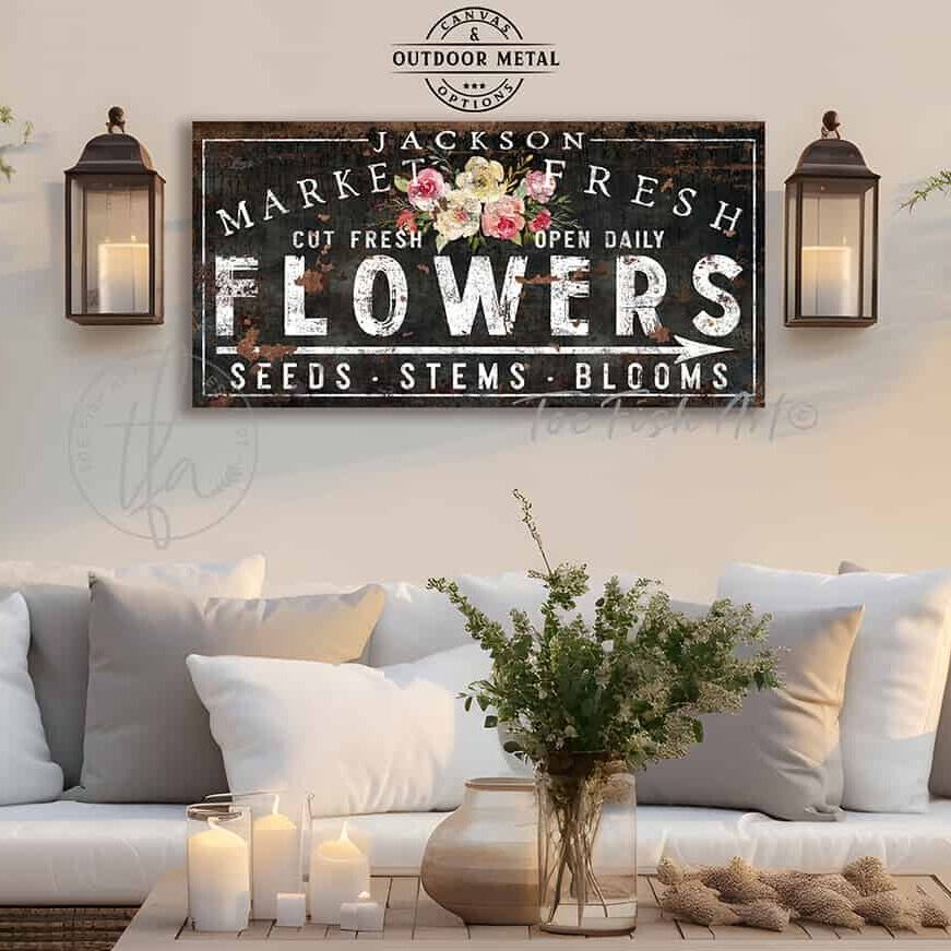 Market Fresh Flowers Personalize-able Canvas or Outdoor Exterior Commercial-Grade Metal Sign handmade in the USA and built to last a lifetime by ToeFishArt. Add your family name to this beautiful vibrant colorful roses bouquet artwork for unique eye-catching curb appeal. Original, custom, personalized wall decor signs. Canvas, Wood or Metal. Rustic modern farmhouse, cottagecore, vintage, retro, industrial, Americana, primitive, country, coastal, minimalist.