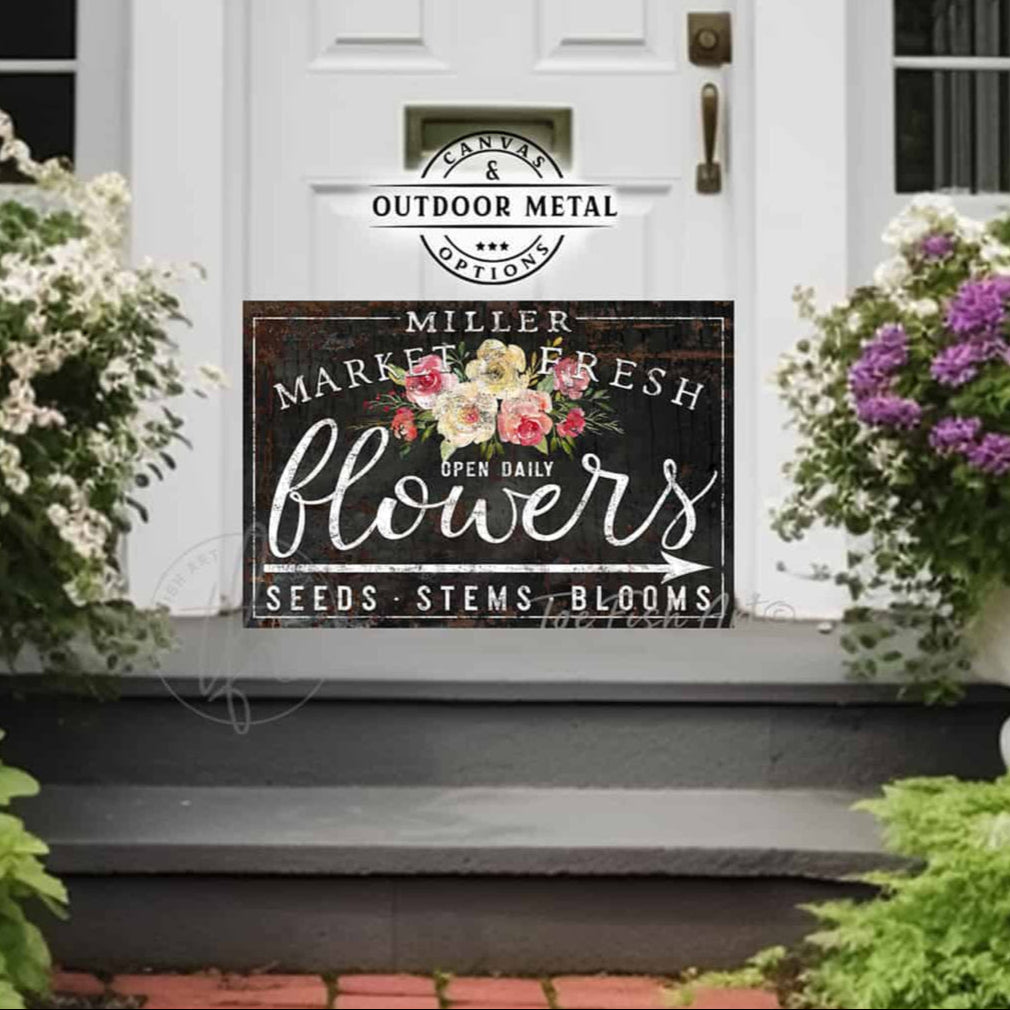 Market Fresh Flowers Personalize-able Canvas or Outdoor Exterior Commercial-Grade Metal Sign handmade in the USA and built to last a lifetime by ToeFishArt. Add your family name to this beautiful vibrant colorful roses bouquet artwork for unique eye-catching curb appeal. Original, custom, personalized wall decor signs. Canvas, Wood or Metal. Rustic modern farmhouse, cottagecore, vintage, retro, industrial, Americana, primitive, country, coastal, minimalist.