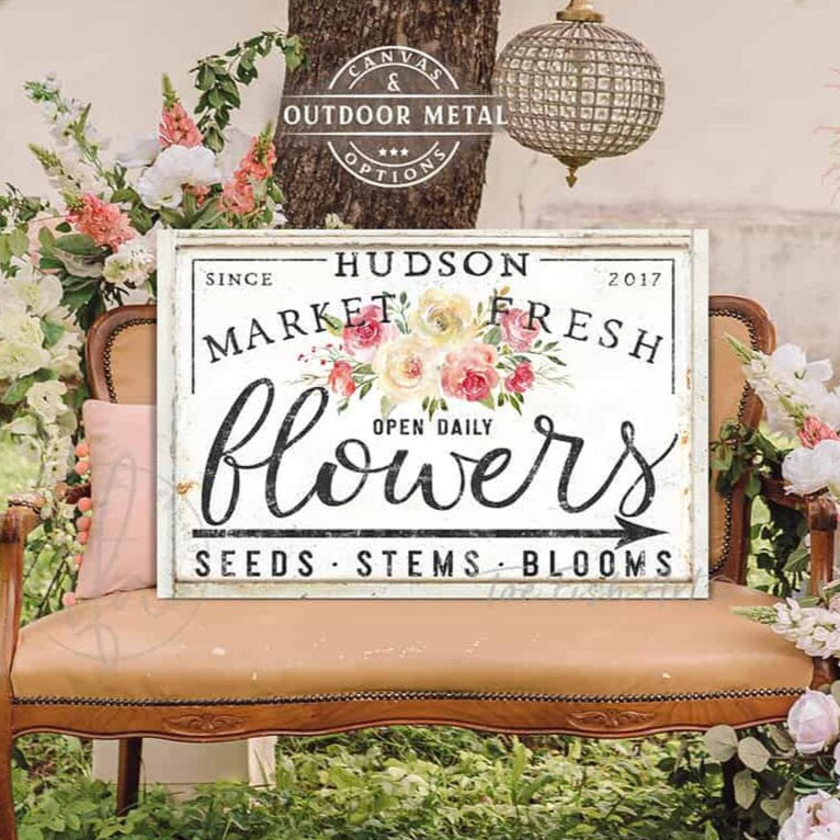 Market Fresh Flowers Personalize-able Canvas or Outdoor Exterior Commercial-Grade Metal Sign handmade in the USA and built to last a lifetime by ToeFishArt. Add your family name to this beautiful vibrant colorful roses bouquet artwork for unique eye-catching curb appeal. Original, custom, personalized wall decor signs. Canvas, Wood or Metal. Rustic modern farmhouse, cottagecore, vintage, retro, industrial, Americana, primitive, country, coastal, minimalist.