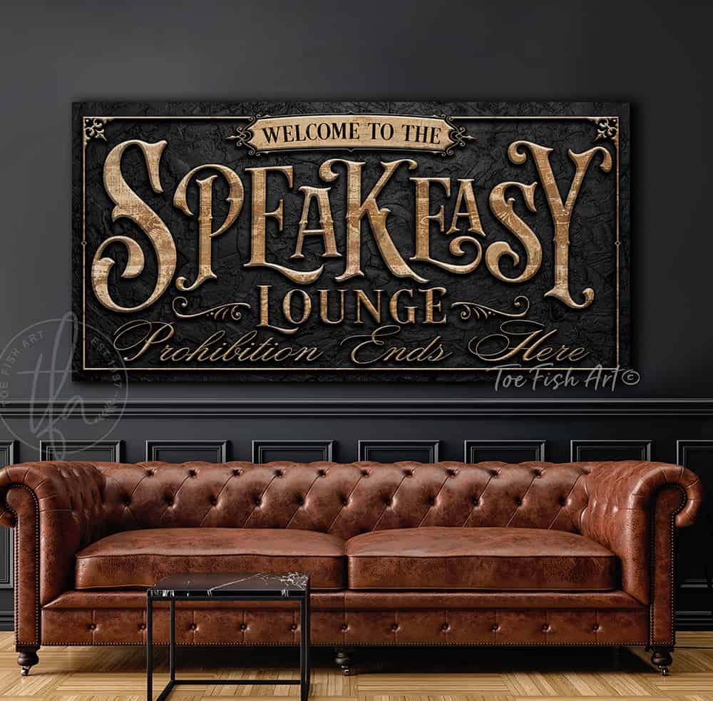 Speakeasy Lounge Prohibition Ends Here Canvas or Metal Personalize-able wall decor sign with color options handmade by ToeFishArt. Original, custom, personalized wall decor signs. Canvas, Wood or Metal. Rustic modern farmhouse, cottagecore, vintage, retro, industrial, Americana, primitive, country, coastal, minimalist.