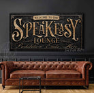 Speakeasy Lounge Prohibition Ends Here Canvas or Metal Personalize-able wall decor sign with color options handmade by ToeFishArt. Original, custom, personalized wall decor signs. Canvas, Wood or Metal. Rustic modern farmhouse, cottagecore, vintage, retro, industrial, Americana, primitive, country, coastal, minimalist.