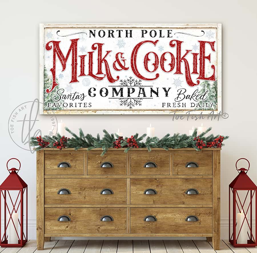 Milk & Cookie Company PERSONALIZED Canvas or Metal sign RED Christmas lettering Canvas or Outdoor Metal Personalize-able Sign Vintage Style Holiday Decoration for exterior Christmas season decoration holiday curb appeal nostalgic winter seasonal artwork wall decor handmade in the USA by the Toe Fish Art family artists. Original, custom, personalized wall decor signs. Canvas, Wood or Metal. Rustic modern farmhouse, cottagecore, vintage, retro, industrial, Americana, primitive, country, coastal, minimalist.