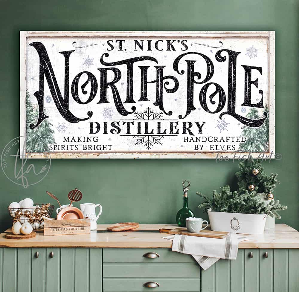 North Pole Distillery Christmas Decor bar sign Making Spirits Bright canvas or outdoor metal personalize-able sign handmade in the USA by ToeFishArt. Original, custom, personalized wall decor signs. Canvas, Wood or Metal. Rustic modern farmhouse, cottagecore, vintage, retro, industrial, Americana, primitive, country, coastal, minimalist.