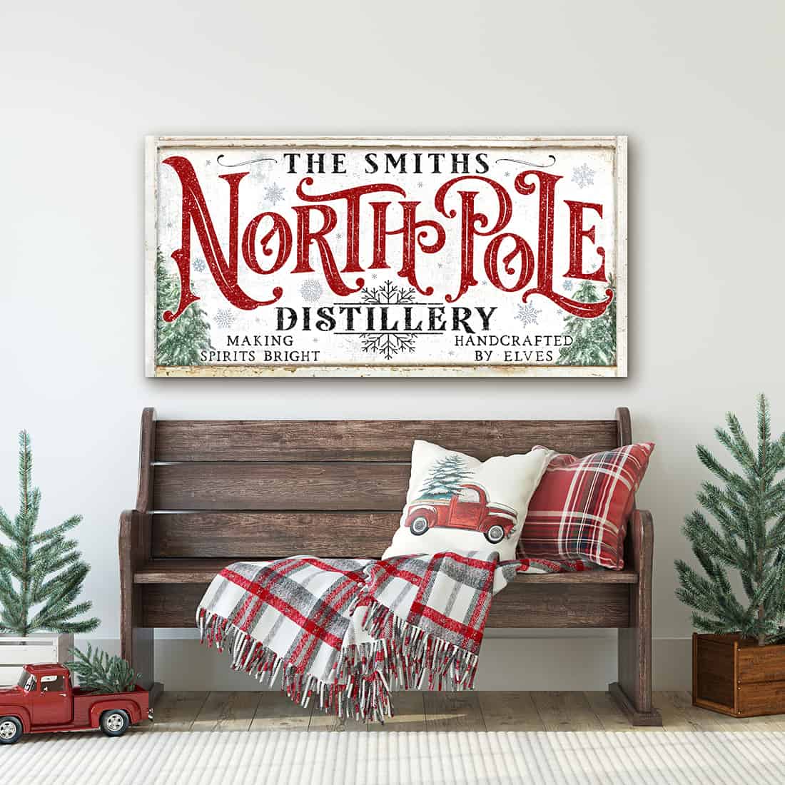 North Pole Distillery Christmas Decor bar sign Making Spirits Bright canvas or outdoor metal personalize-able sign handmade in the USA by ToeFishArt. Original, custom, personalized wall decor signs. Canvas, Wood or Metal. Rustic modern farmhouse, cottagecore, vintage, retro, industrial, Americana, primitive, country, coastal, minimalist.