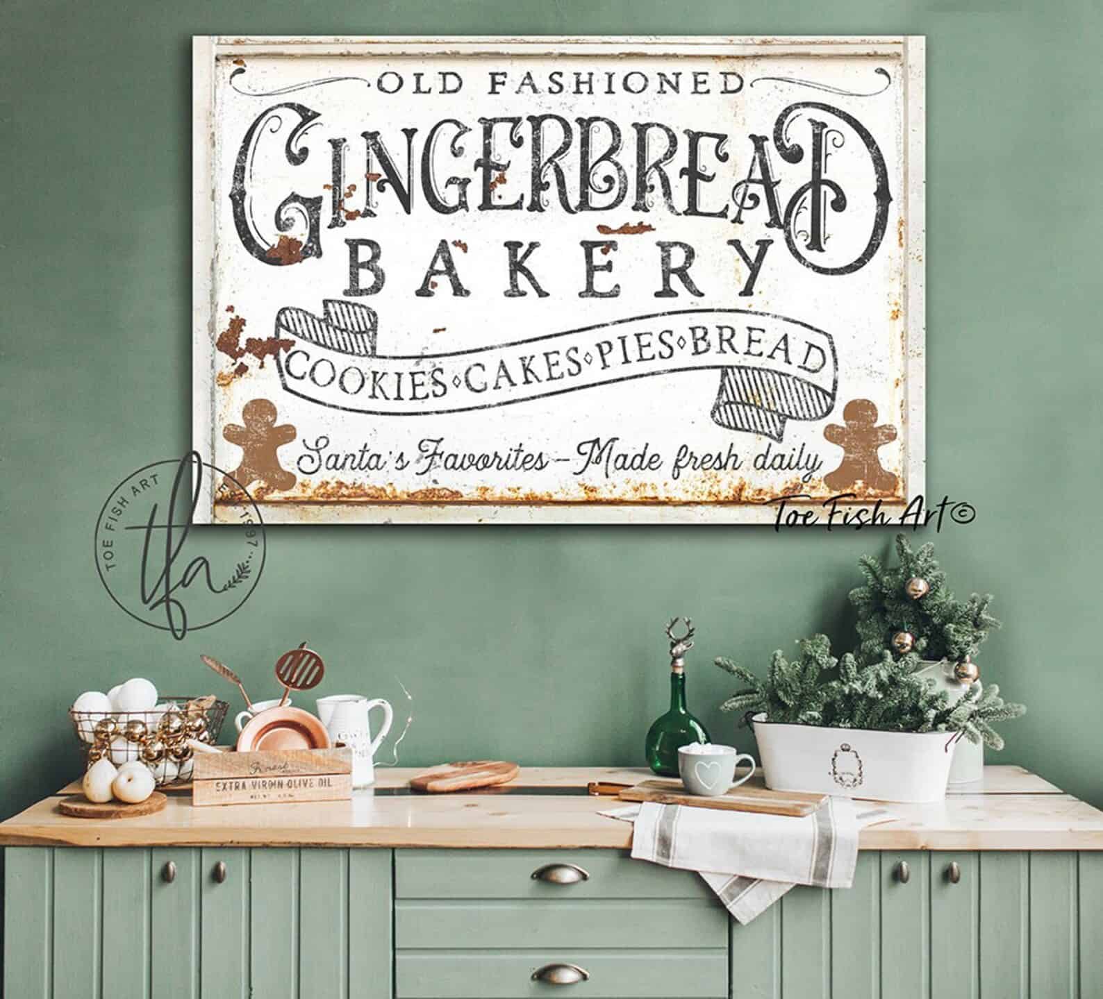 Old Fashioned Gingerbread Bakery Sign handmade by ToeFishArt. Original, custom, personalized wall decor signs. Canvas, Wood or Metal. Rustic modern farmhouse, cottagecore, vintage, retro, industrial, Americana, primitive, country, coastal, minimalist.