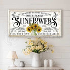 Sunflowers Personalize-able Canvas or Outdoor Exterior Commercial-Grade Metal Sign handmade in the USA and built to last a lifetime by ToeFishArt. Add your family name to this beautiful vibrant colorful sunflowers bouquet artwork for unique eye-catching curb appeal. Original, custom, personalized wall decor signs. Canvas, Wood or Metal. Rustic modern farmhouse, cottagecore, vintage, retro, industrial, Americana, primitive, country, coastal, minimalist.