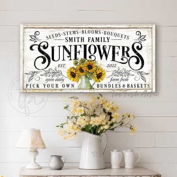 Sunflowers Personalize-able Canvas or Outdoor Exterior Commercial-Grade Metal Sign handmade in the USA and built to last a lifetime by ToeFishArt. Add your family name to this beautiful vibrant colorful sunflowers bouquet artwork for unique eye-catching curb appeal. Original, custom, personalized wall decor signs. Canvas, Wood or Metal. Rustic modern farmhouse, cottagecore, vintage, retro, industrial, Americana, primitive, country, coastal, minimalist.