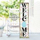 Toe Fish Art Welcome Easter Bunny Spring Easter Seasonal Decoration Porch Leaner Door Greeter Canvas or Outdoor Metal Vertical Entryway Sign Decor handcrafted in the USA for your Front Door Foyer Deck Holiday Outdoor Decoration Curb Appeal handmade by woman-owned USA small family American business ToeFishArt. Original, custom, personalized wall decor signs. Canvas, Wood or Metal. Rustic modern farmhouse, cottagecore, vintage, retro, industrial, Americana, primitive, country, coastal, minimalist.
