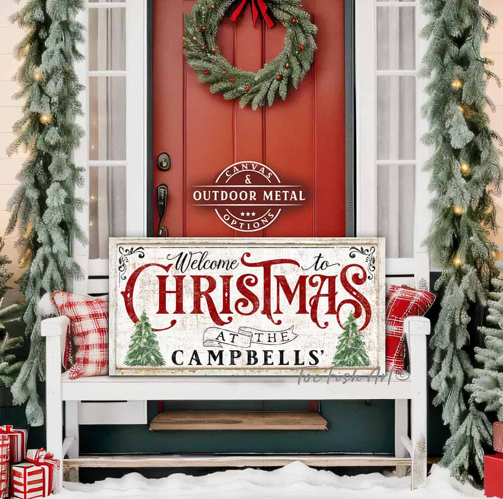 Welcome To Christmas Sign handmade by ToeFishArt. Original, custom, personalized wall decor signs. Canvas, Wood or Metal. Rustic modern farmhouse, cottagecore, vintage, retro, industrial, Americana, primitive, country, coastal, minimalist.