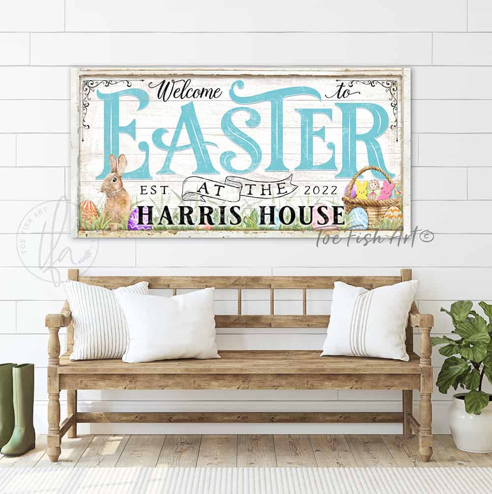 Welcome to Easter Decoration, Personalized Family Name Sign, Wall Decor with Bunny, Basket and Colored Eggs Artwork Canvas or Outdoor Metal handmade by ToeFishArt. Original, custom, personalized wall decor signs. Canvas, Wood or Metal. Rustic modern farmhouse, cottagecore, vintage, retro, industrial, Americana, primitive, country, coastal, minimalist.