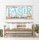 Welcome to Easter Decoration, Personalized Family Name Sign, Wall Decor with Bunny, Basket and Colored Eggs Artwork Canvas or Outdoor Metal handmade by ToeFishArt. Original, custom, personalized wall decor signs. Canvas, Wood or Metal. Rustic modern farmhouse, cottagecore, vintage, retro, industrial, Americana, primitive, country, coastal, minimalist.