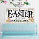Welcome to Easter Decoration, Personalized Family Name Sign, Wall Decor with Bunny, Basket and Colored Eggs Artwork Canvas or Outdoor Metal handmade by ToeFishArt. Original, custom, personalized wall decor signs. Canvas, Wood or Metal. Rustic modern farmhouse, cottagecore, vintage, retro, industrial, Americana, primitive, country, coastal, minimalist.