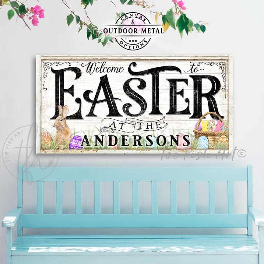 Welcome to Easter Decoration, Personalized Family Name Sign, Wall Decor with Bunny, Basket and Colored Eggs Artwork Canvas or Outdoor Metal handmade by ToeFishArt. Original, custom, personalized wall decor signs. Canvas, Wood or Metal. Rustic modern farmhouse, cottagecore, vintage, retro, industrial, Americana, primitive, country, coastal, minimalist.