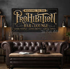 Prohibition Bar & Lounge Personalized Sign handmade by ToeFishArt. Original, custom, personalized wall decor signs. Canvas, Wood or Metal. Rustic modern farmhouse, cottagecore, vintage, retro, industrial, Americana, primitive, country, coastal, minimalist.