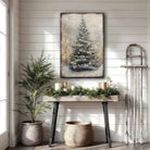 Toe Fish Art Rustic Christmas tree wall art featuring a snowy winter scene with soft glowing lights. This vintage-inspired holiday decor brings cozy, farmhouse charm to your home with neutral tones and a serene atmosphere. Perfect for Christmas decorations, winter-themed rooms, and festive living spaces. High-quality print ideal for adding warmth and holiday spirit to any room.