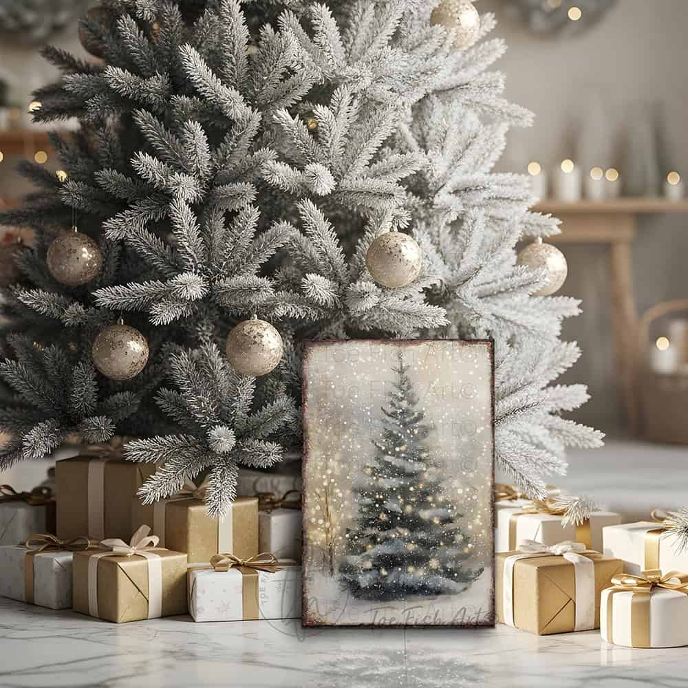 Toe Fish Art Rustic Christmas tree wall art featuring a snowy winter scene with soft glowing lights. This vintage-inspired holiday decor brings cozy, farmhouse charm to your home with neutral tones and a serene atmosphere. Perfect for Christmas decorations, winter-themed rooms, and festive living spaces. High-quality print ideal for adding warmth and holiday spirit to any room.