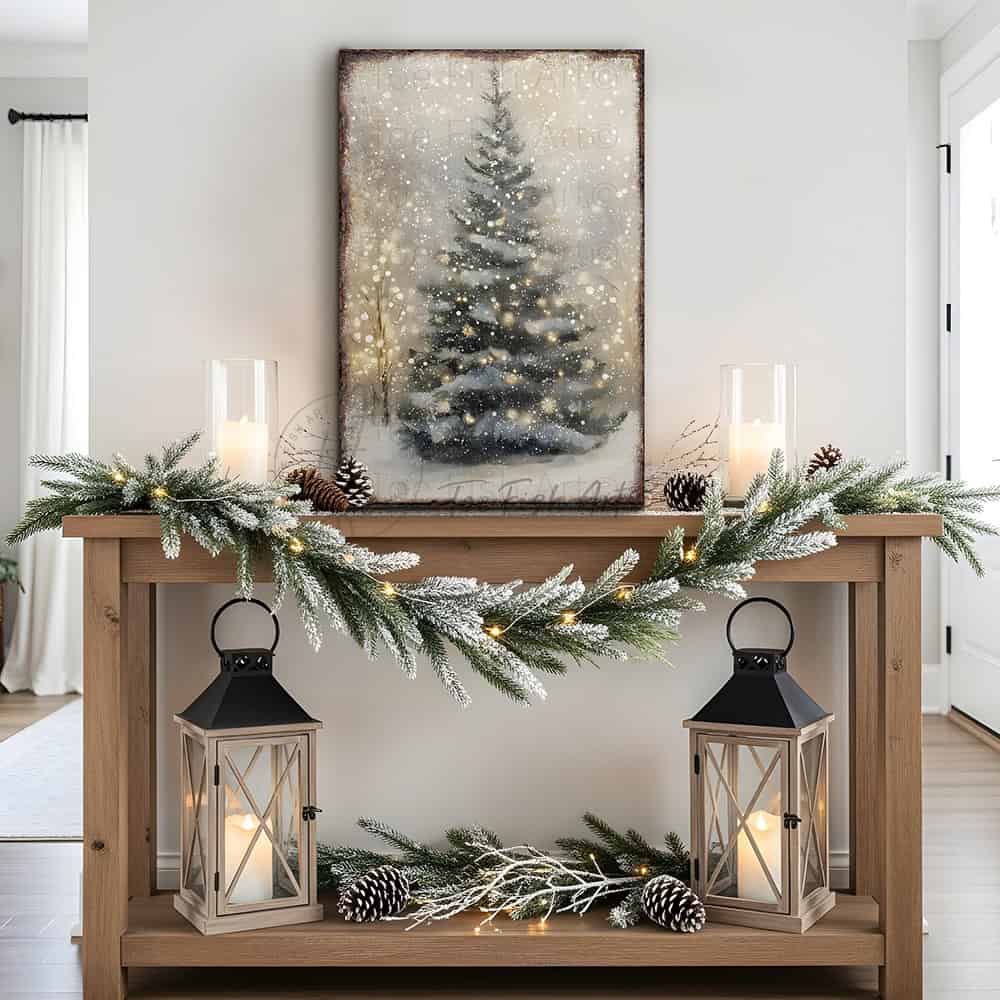 Toe Fish Art Rustic Christmas tree wall art featuring a snowy winter scene with soft glowing lights. This vintage-inspired holiday decor brings cozy, farmhouse charm to your home with neutral tones and a serene atmosphere. Perfect for Christmas decorations, winter-themed rooms, and festive living spaces. High-quality print ideal for adding warmth and holiday spirit to any room.