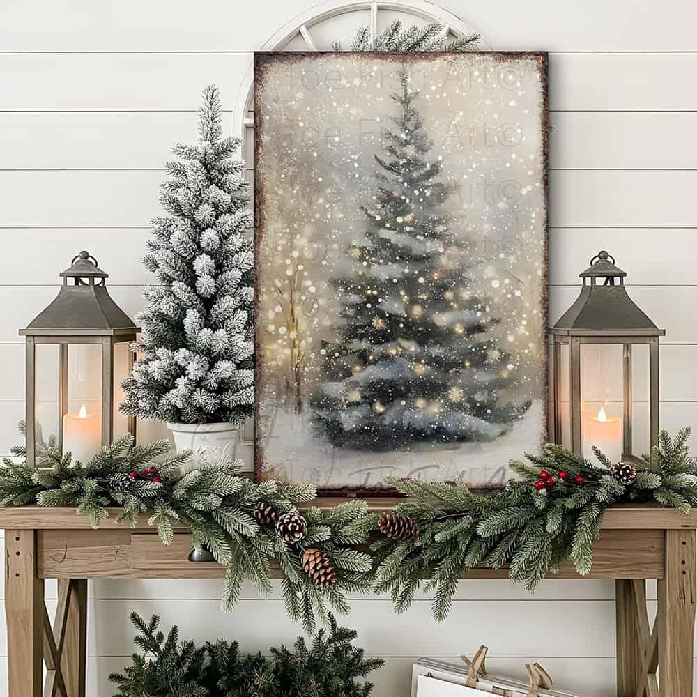 Toe Fish Art Rustic Christmas tree wall art featuring a snowy winter scene with soft glowing lights. This vintage-inspired holiday decor brings cozy, farmhouse charm to your home with neutral tones and a serene atmosphere. Perfect for Christmas decorations, winter-themed rooms, and festive living spaces. High-quality print ideal for adding warmth and holiday spirit to any room.